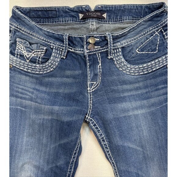 Vigoss Womens Capri Jeans Size 9 Mid-Rise Blue Denim Stretch Embroidered Pockets - Picture 5 of 12